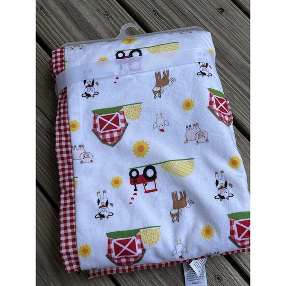 Baby Starters Farm Animals Plush Baby Blanket Cow Barn Tractor Red Plaid Trim - Picture 5 of 8